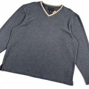 Vintage dark grey waffle knit texture contrast trim v neck long sleeve